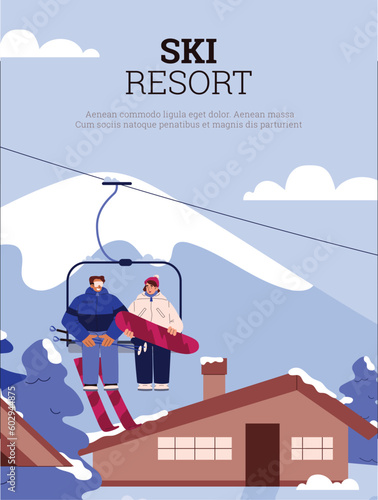 Ski resort advertising poster with man and woman on chairlift, flat vector illustration.