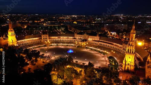 Night drone shot of Plaza de Espana (Spain Square) in Seville, Andalusia, Spain