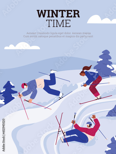 Funny people skiing and falling on snowy downhill, winter time poster - flat vector illustration.