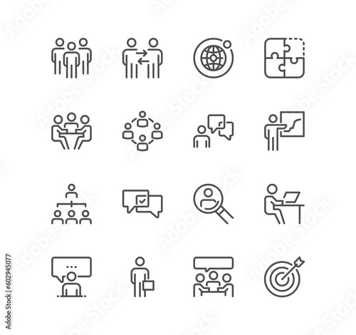 Set of teamwork related icons, research, meeting, collaboration, business management, leader, community, organization, together and linear variety symbols.	
