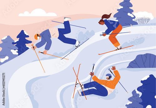 Skiers go down the mountain against winter landscape, flat vector illustration.