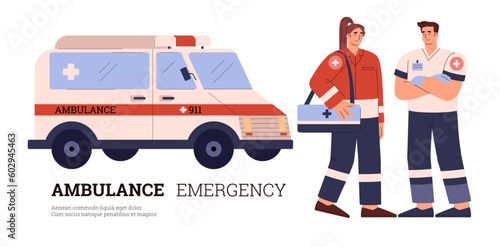 Medicine ambulance emergency service and help, flat cartoon vector illustration.