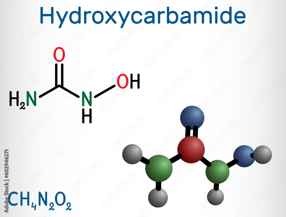 Hydroxycarbamide, hydroxyurea molecule. It is antimetabolite drug to treat sickle cell anemia crisis. Structural chemical formula, molecule model Hydroxycarbamide, hydroxyurea molecule. It is antimetabolite drug to treat sickle cell anemia crisis. Structural chemical formula, molecule model