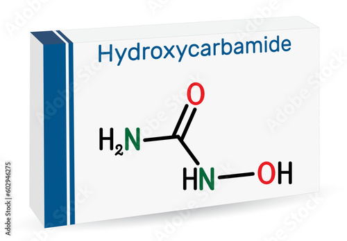 Hydroxycarbamide, hydroxyurea molecule. It is antimetabolite drug to treat sickle cell anemia crisis. Skeletal chemical formula. Paper packaging for drugs.
