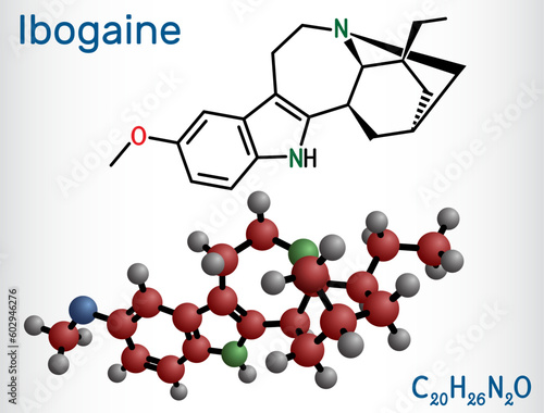 Ibogaine molecule. It is monoterpenoid indole alkaloid, psychoactive substance, hallucinogen, psychedelic. Structural chemical formula, molecule model.