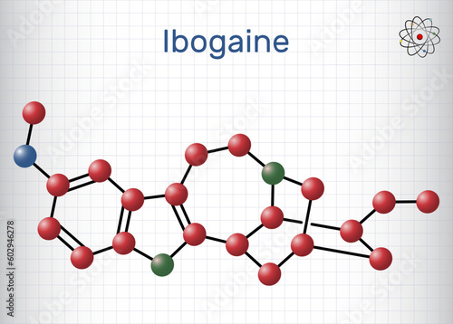 Ibogaine molecule. It is monoterpenoid indole alkaloid, psychoactive substance, hallucinogen, psychedelic. Structural chemical formula, molecule model. Sheet of paper in a cage