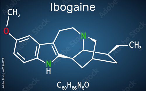 Ibogaine molecule. It is monoterpenoid indole alkaloid, psychoactive substance, hallucinogen, psychedelic. Structural chemical formula on the dark blue background.