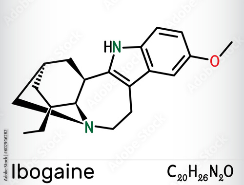 Ibogaine molecule. It is monoterpenoid indole alkaloid, psychoactive substance, hallucinogen, psychedelic. Skeletal chemical formula. photo