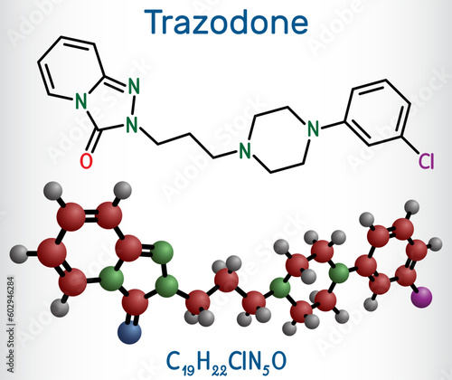 Trazodone molecule. It is antidepressant, used to treat major depressive disorder. Structural chemical formula, molecule model.
