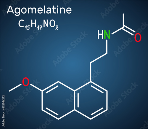 Agomelatine molecule. It is atypical antidepressant,  used to treat major depressive disorder. Structural chemical formula on the dark blue background