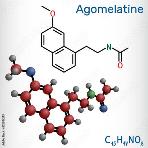 Agomelatine molecule. It is atypical antidepressant,  used to treat major depressive disorder. Structural chemical formula, molecule model.