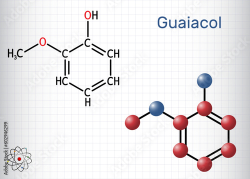 Guaiacol molecule. It is expectorant, disinfectant, plant metabolite. Present in wood smoke. Structural chemical formula, molecule model. Sheet of paper in a cage