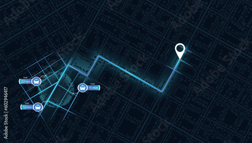 Gps map navigation to own house with smartphone app. Location mark and automobile sign. Passenger location sharing for driver. Isolated connected vehicle remote data monitoring. Autonomous online car.