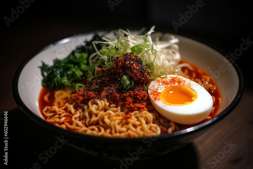 A bowl of spicy ramen noodle generative AI