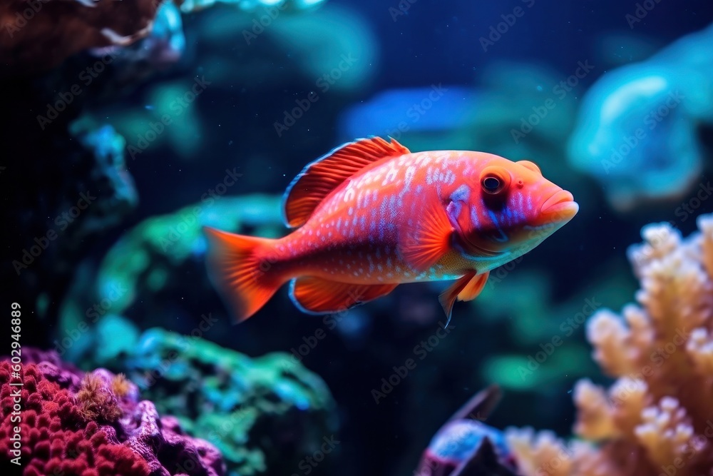Wonderful and beautiful underwater world with corals and tropical fish. Animals of underwater sea world. Ecosystem. Aquarium. World ocean wildlife. Coral reef and fishes Generative AI