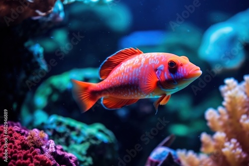 Wonderful and beautiful underwater world with corals and tropical fish. Animals of underwater sea world. Ecosystem. Aquarium. World ocean wildlife. Coral reef and fishes Generative AI © Александр Ткачук