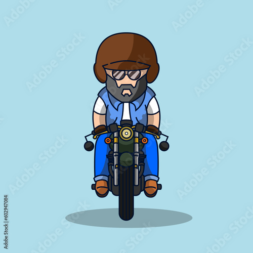 Cute old rider riding a green motorbike vector illustration.