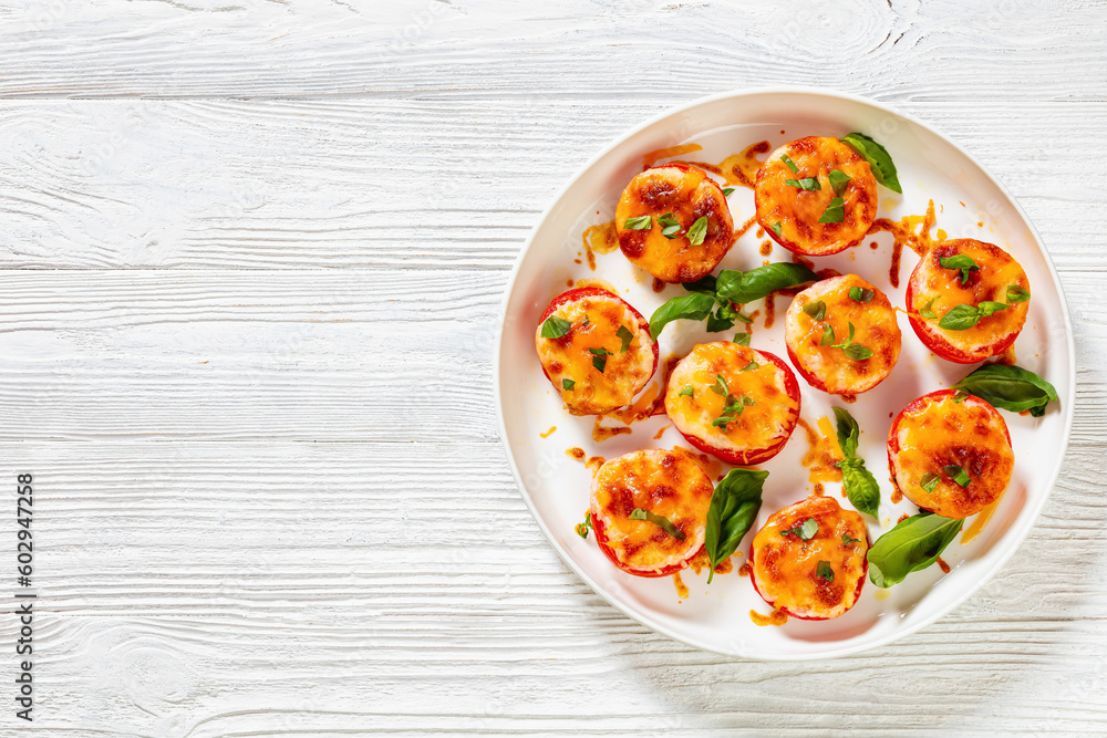 Baked Tomatoes with Mozzarella, Cheddar, Parmesan