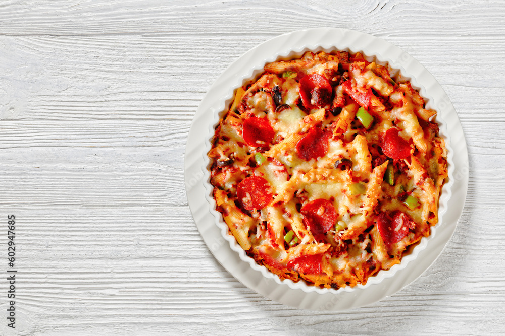 Pizza Casserole of pasta, beef, pepperoni, cheese Pizza Casserole of pasta, beef, pepperoni, cheese