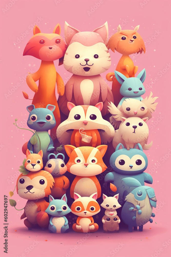 colorful playful kids illustration of cute funny fantasy animalsin pastel colors colorful playful kids illustration of cute funny fantasy animalsin pastel colors
