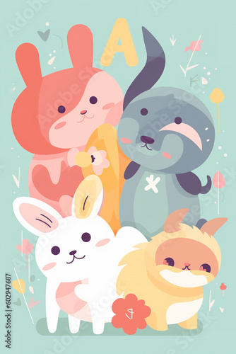 colorful playful kids illustration of cute funny fantasy animalsin pastel colors