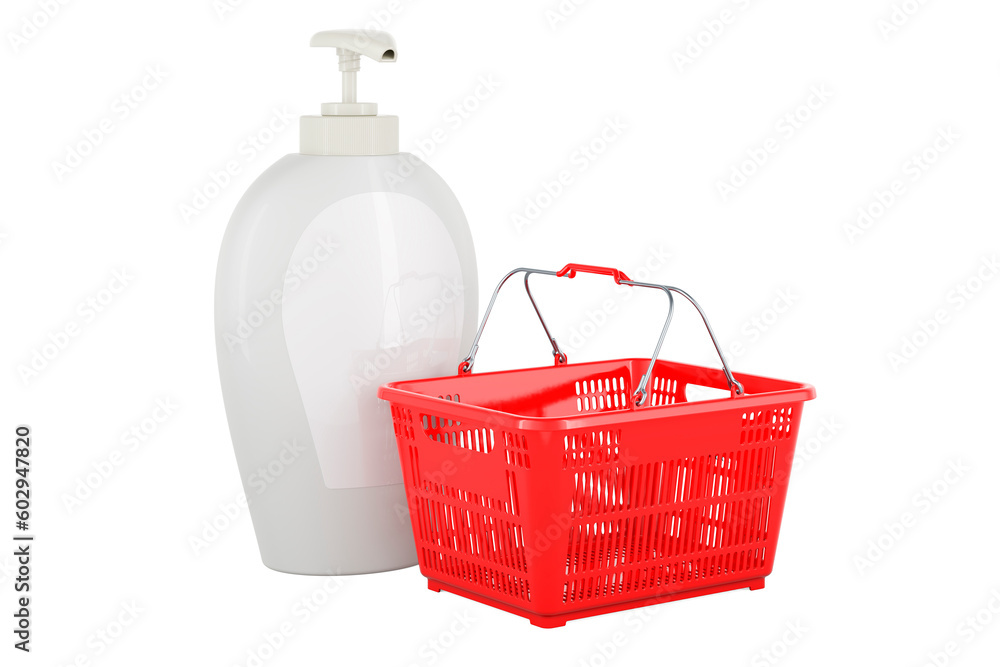 Fototapeta premium Soap bottle dispenser with shopping basket. 3D rendering