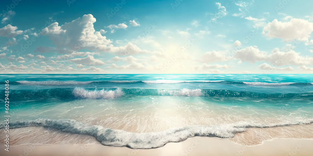 beautiful sandy beach and soft blue ocean waves. Generative ai