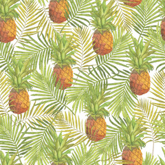 Papier peint photo Jungle Ananas fleurs tropicales aquarelle motif nature coloré  © Julia Dreams
