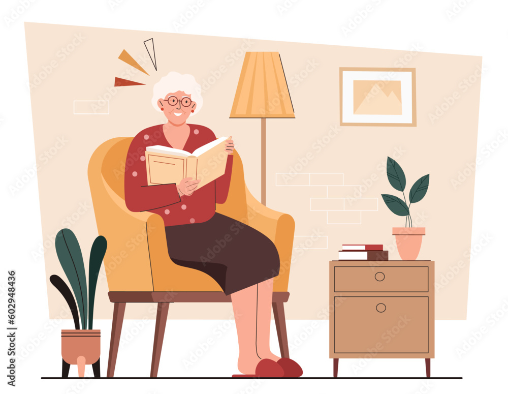 Grandmother reading book. Elderly woman sits on armchair with fiction. Character spending time at home. Useful hobby and leisure. Clever pensioner indoor. Cartoon flat vector illustration Grandmother reading book. Elderly woman sits on armchair with fiction. Character spending time at home. Useful hobby and leisure. Clever pensioner indoor. Cartoon flat vector illustration