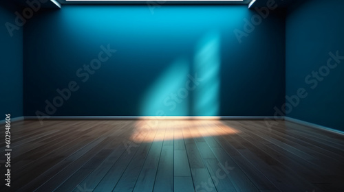 Empty wall and wooden floor with interesting lights. Interior background for presentation