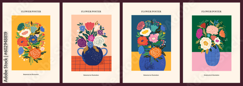 Vector set of art posters in retro style. Collection of art vector floral posters. Beautiful flower collection of posters with decorative flowers, roses, leaves, floral bouquets. Notebook covers