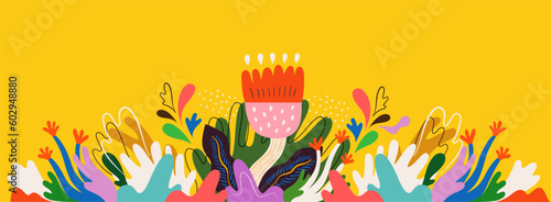 Beautiful floral banner with decorative flowers, leaves and abstract forms.