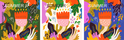 Beautiful flower illustration with decorative colourful bouquets and abstract doodles. Notebook cover. Summer art poster