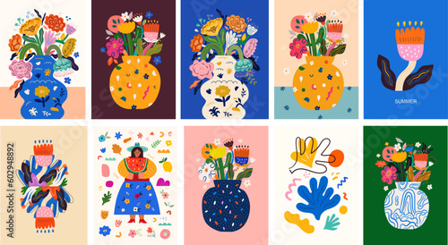 Vector set of art posters in retro style. Collection of art vector floral posters. Beautiful flower collection of posters with decorative flowers, roses, leaves, floral bouquets. Notebook covers
