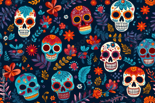 seamless pattern with mexican calavera skulls and flowers. generative AI photo