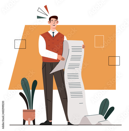 Man reading list. Young guy in suit stands with to do list or policies. Worker with tasks and goals. Organization of effective workflow, leadership and motivation. Cartoon flat vector illustration