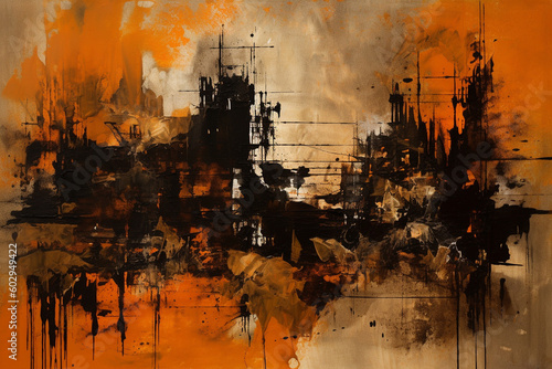 Vibrant Reverie  A Captivating Eclectic Montage of Orange and Sepia Ink Oil Painting on Canvas AI generated