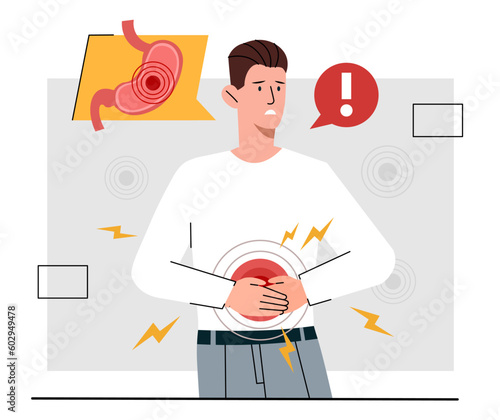 Man with pains in stomach. Young guy in white sweater holds his stomach with his hands. Diseases and illness in abdominal body part, belly. Diarrhea, constipation. Cartoon flat vector illustration