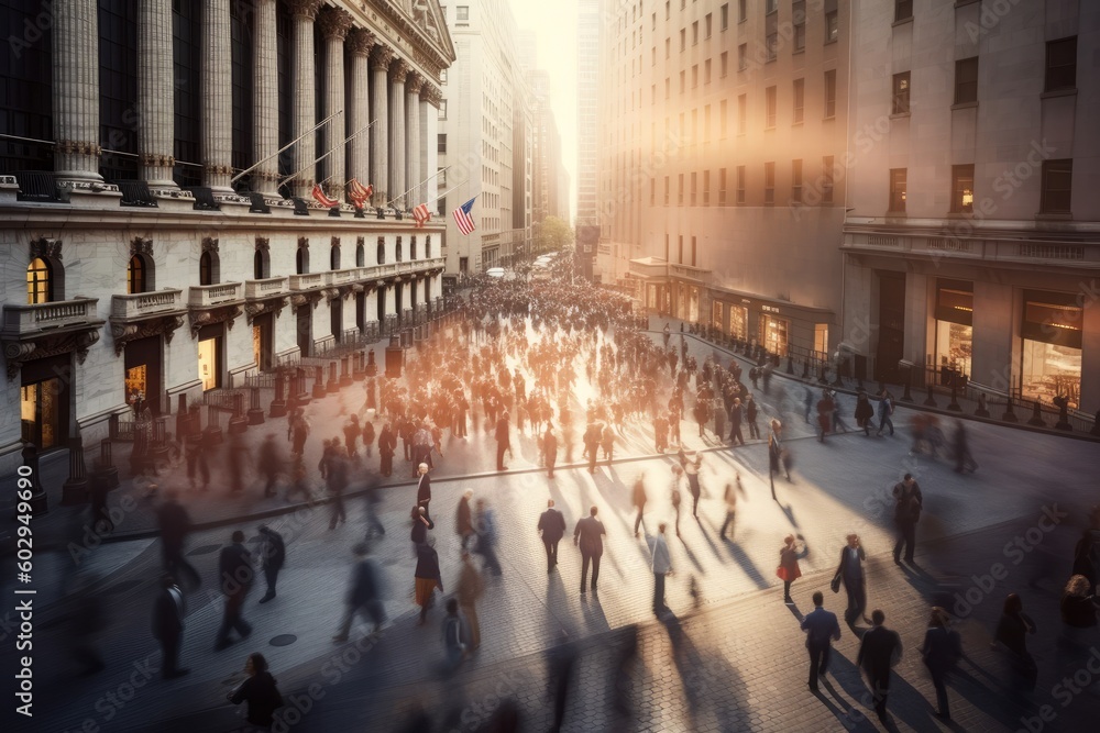 An energetic scene of a bustling day on Wall Street, with a vibrant crowd of professionals navigating the busy financial district. The fast-paced atmosphere and the dynamism... Generative AI