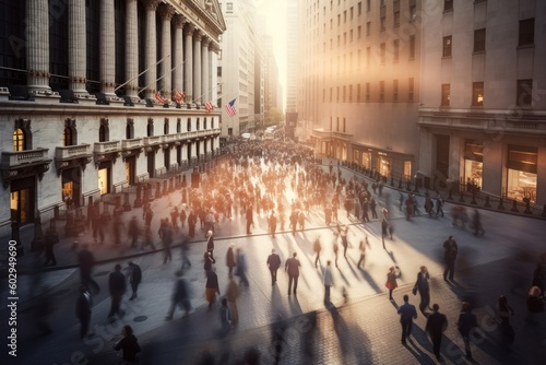 An energetic scene of a bustling day on Wall Street  with a vibrant crowd of professionals navigating the busy financial district. The fast-paced atmosphere and the dynamism... Generative AI