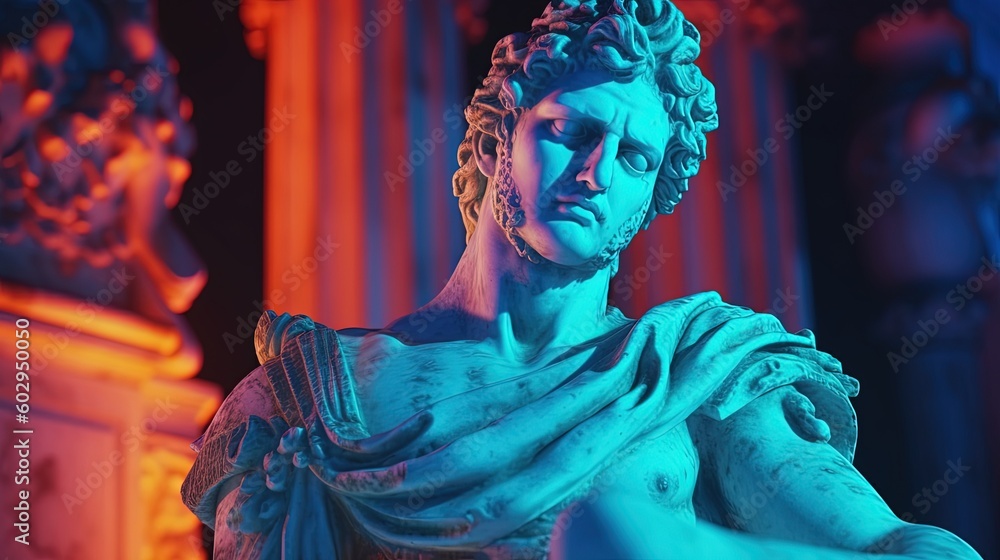 A renaissance-style marble statue of a mysterious figure in neon and ultraviolet light. Sculpture of a Greek god. Generative AI