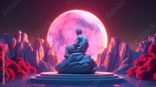 A surreal landscape with a marble statue in the center, In neon and ultraviolet light. Greek god. Generative AI