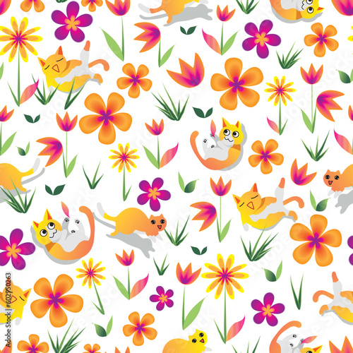 White happy cats white colorful flowers seamless vector pattern. Happy day, blooming meadow, animals pattern.