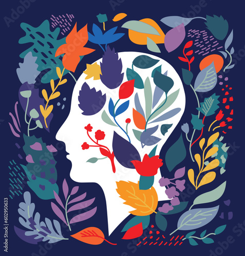 Mental health metaphor plant ornament and brain in human head