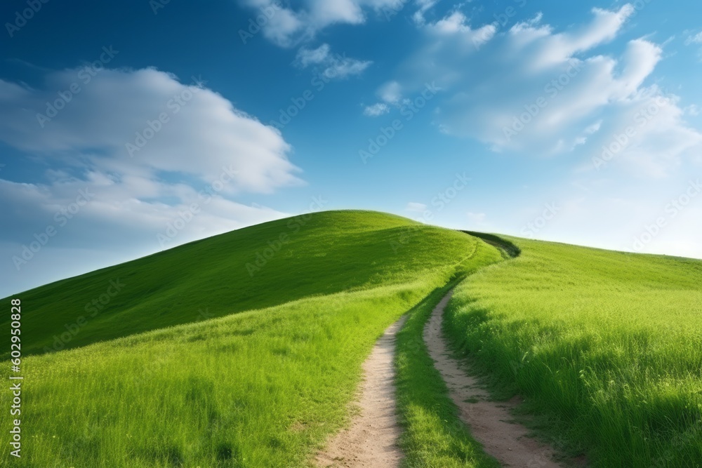 A green hill with a blue sky and a path leading to it. Generative AI