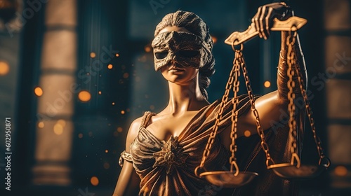 Blindfold Lady of Justice with scales in her hand. The statue of justice. Scales of justice, justice. Generative AI photo
