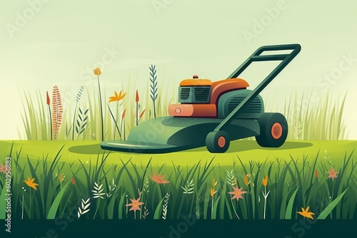 A green lawn mower with a blue and orange handle sits in a field of grass. Generative AI photo