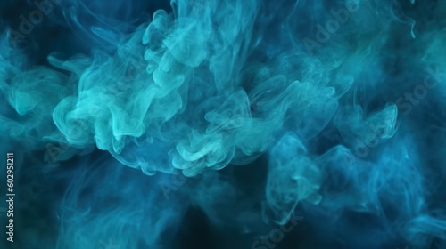 Smoke veil. Paint water. Night haze. Teal blue color glitter dust particles mist floating on dark black abstract art background with copy space © Elias