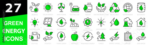 Green energy 27 icon set. Icons for renewable energy, green technology. Vector illustration.