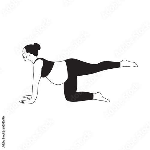 Pregnant woman doing yoga exercise. Asana for health and body relaxation. Hand drawn illustration isolated on white background.